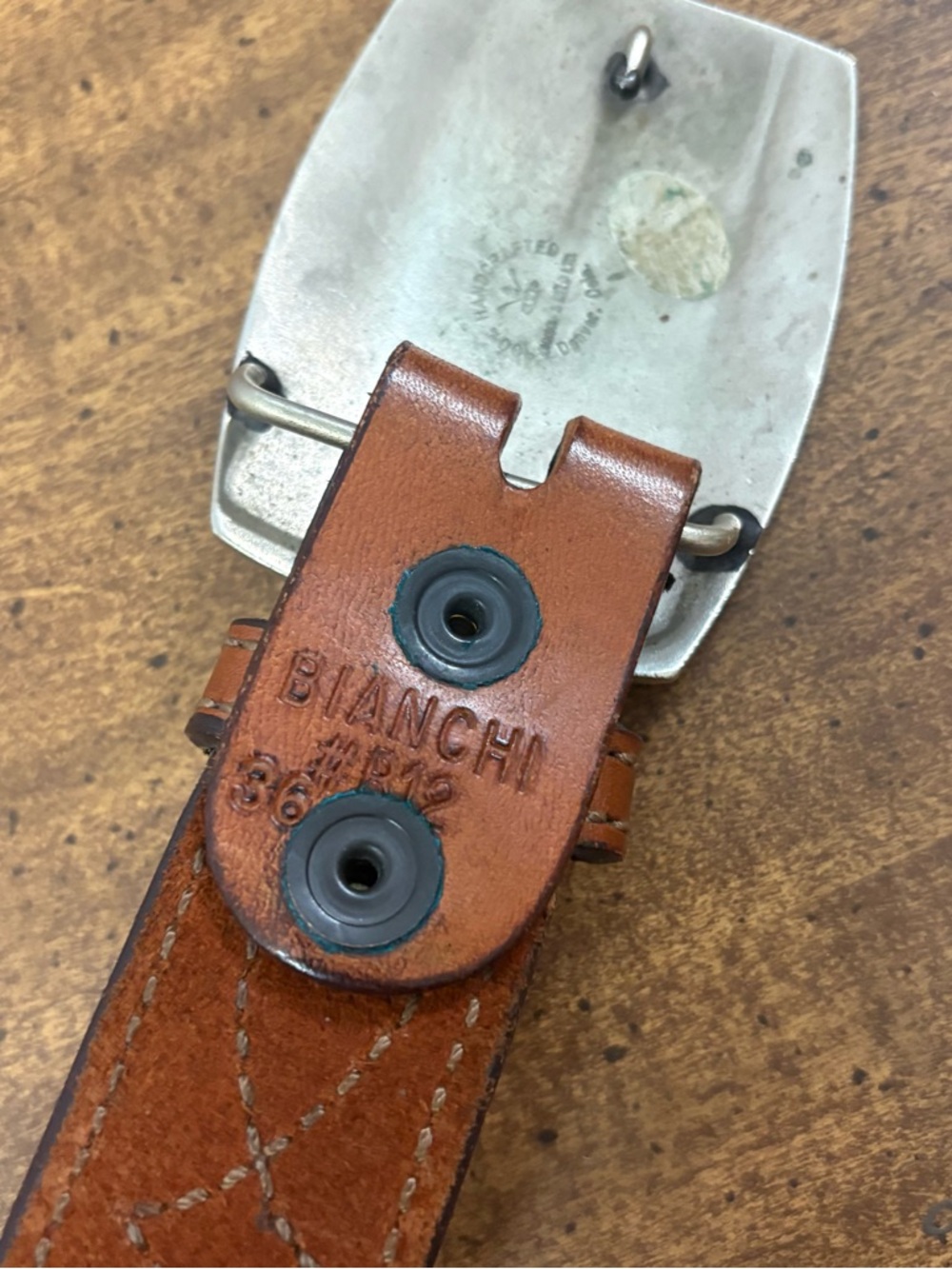 Bianchi Brown Leather Belt With Bear Belt Buckle Vintage Size 36 - Picture 3 of 12